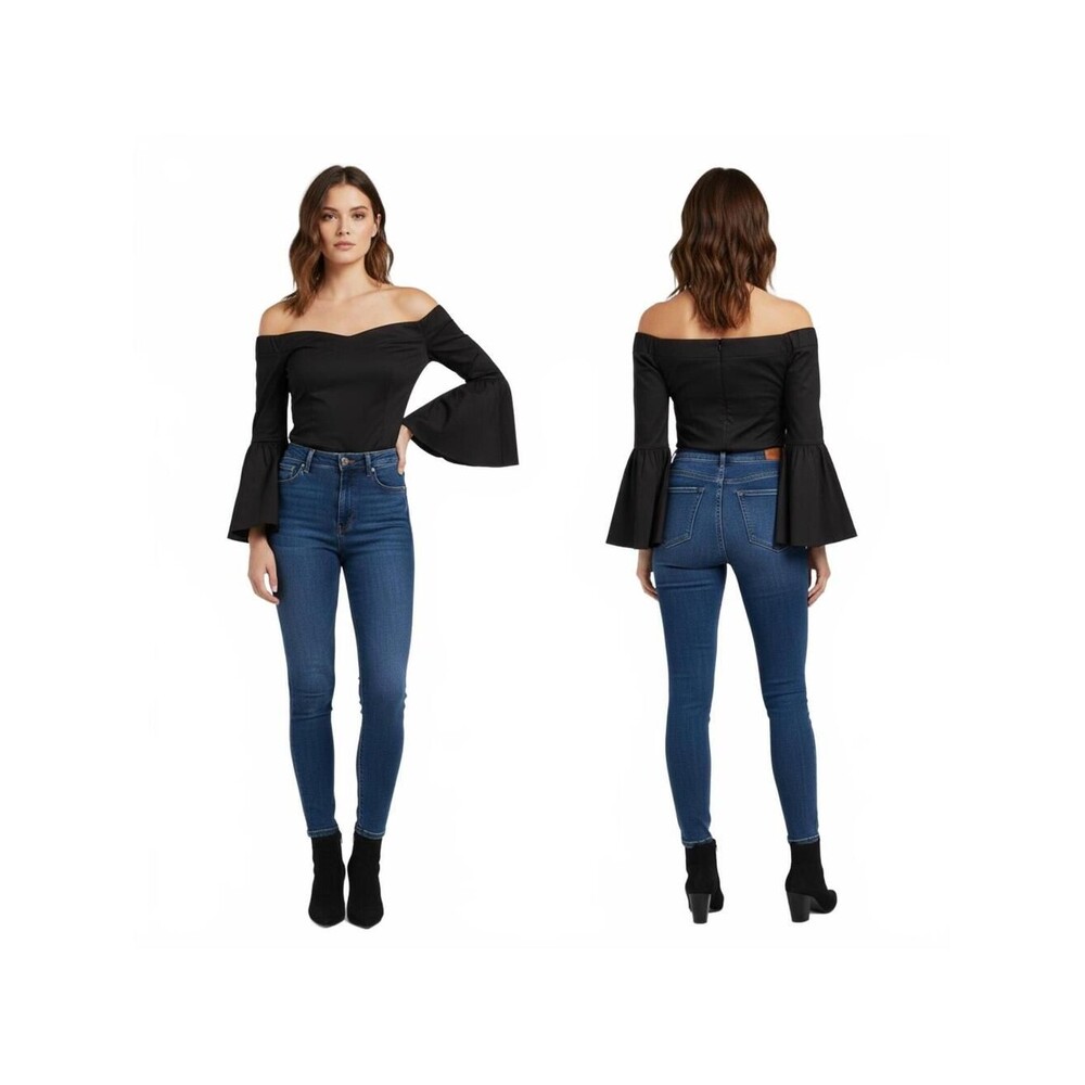 Bell Sleeve Top Off Shoulder Flounce Ruffle Black Blouse Party Top